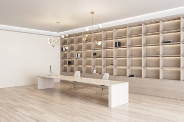 Modern ahşap ofis içi kitaplık ve teçhizatlı masaüstü. 3B Hazırlama