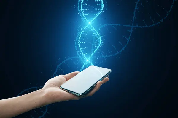 Close Female Hands Holding Cellphone Glowing Dna Helix Hologram Dark — Stock Photo, Image