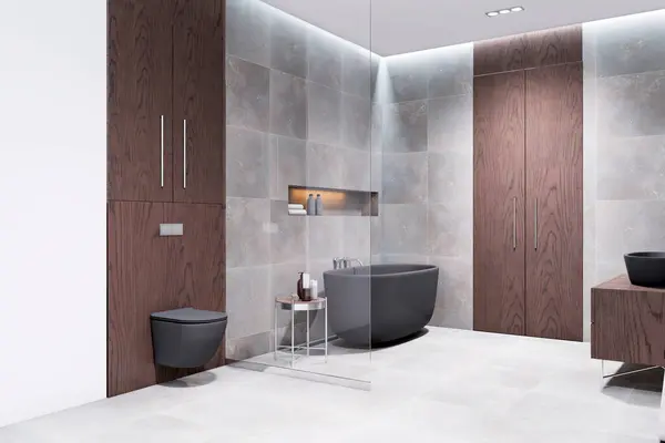 Modern Bathroom Wooden Cabinetry Subtle Lighting Comfort Serenity Concept Rendering Стоковое Фото