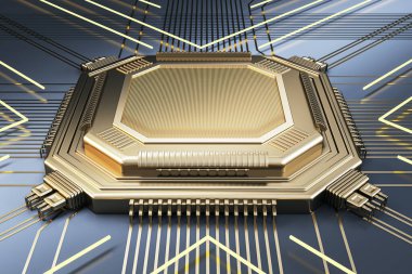 Abstract blank golden chip on metal background with lines. Mock up place. Technology and motherboard, computer and hardware concept. 3D Rendering clipart