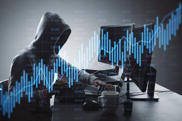 Hacker using computers at desk with glowing candlestick forex chart on gray background with index. Trade, hacking, stock and global finance concept. Double exposure