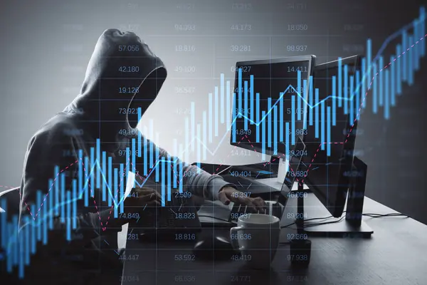 Hacker Using Computers Desk Glowing Candlestick Forex Chart Gray Background Стоковое Фото