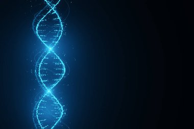 Soyut koyu mavi arka planda parlak dijital DNA molekülü neon tarzında logonuz için boş bir yere sahip yenilik, bilim ve genetik konsept. 3B görüntüleme, modelleme