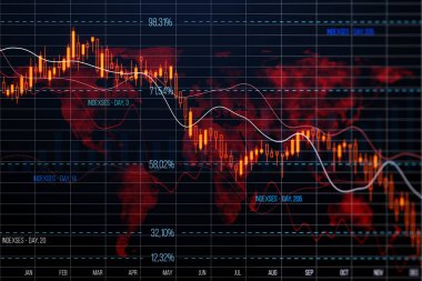 Ekonomik kriz ve Forx piyasa çöküşü konsepti, dünya haritasında göstergelerle birlikte kırmızı finans şeması ve diyagramlar. 3B görüntüleme