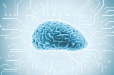 Yapay zeka, veri madenciliği ve dijital mavi insan beyniyle mikro devreli makine öğrenme kavramı. 3B görüntüleme