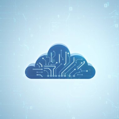 Veri işleme teknolojisi, veri depolama ve bilgisayar konsepti ile dijital mavi bulut sembolü, ışık soyut matris teknolojisi arkaplanı ve ikili kodlu devre şeması. 3B görüntüleme