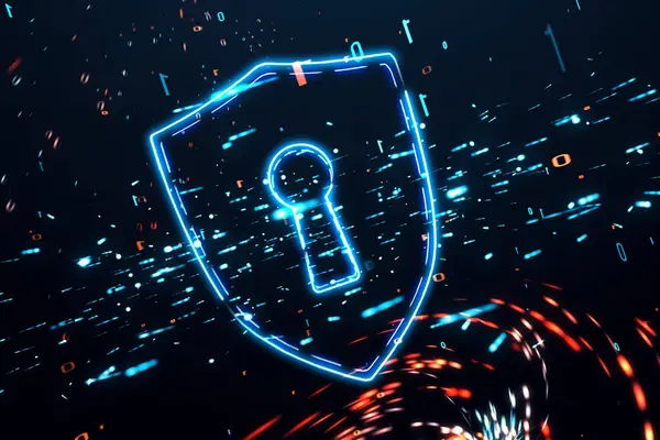 Stock image Protect your valuable data from cyber threats with powerful network security system, featuring a digital blue shield and keyhole symbol. Stay one step ahead of the hackers concept. 3D rendering.