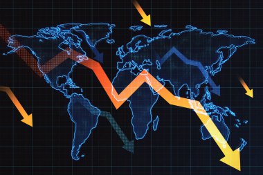 Koyu arkaplanda harita olan aşağıya doğru düşen oklar. Borsa çöküşü, kriz konsepti. 3B Hazırlama