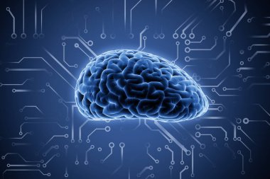 Yapay zeka, veri madenciliği ve dijital mavi insan beyniyle mikro devre üzerinde makine öğrenme kavramı. 3B görüntüleme