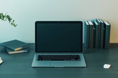 Boş, karanlık, modern bir dizüstü bilgisayar ekranının ön görüntüsü. Web tasarımı, site ya da kara kaplı kapak kitapları ve aydınlık arka planda bilgisayar faresi olan ahşap bir masa üzerine iniş sayfası. 3B görüntüleme, düzenle
