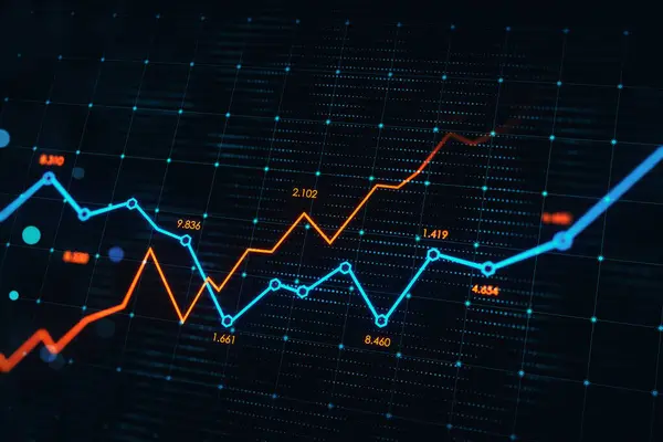 Концепция Фондового Рынка Анализа Экономического Роста Растущими Цифровыми Красными Синими Лицензионные Стоковые Фото