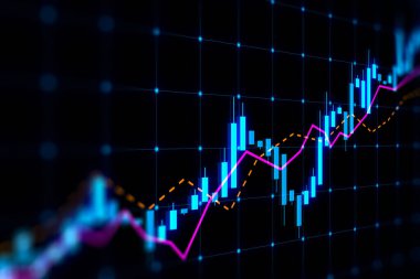 Borsa büyümesi, iş yatırımları ve dijital finansal grafik grafikleri, diyagramları ve koyu mavi bulanık arka plan göstergeleri olan veri konsepti. 3B görüntüleme