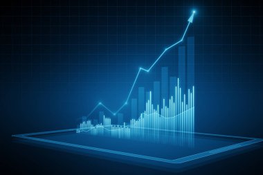 Koyu mavi arka planda yükselen okla modern büyüyen finansal grafiğin perspektifi. Yatırım, ticaret ve borsa konsepti. 3B Hazırlama