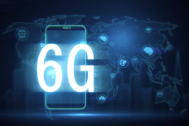 6G ve harita hologramına sahip soyut dijital telefon, bulanık mavi arkaplanda çokgen bağlantılar. İnternet, hız ve iletişim konsepti. 3B Hazırlama