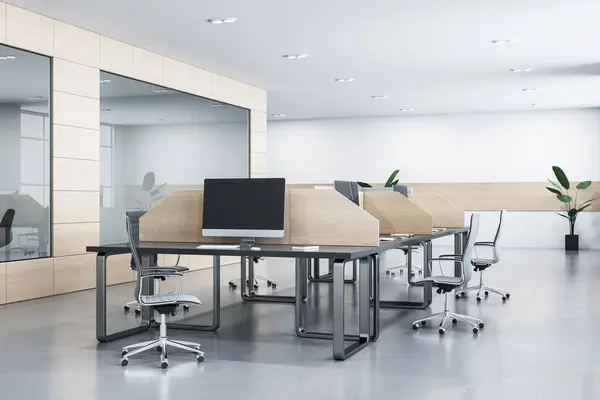 Moderni Interni Legno Cemento Minimale Coworking Office Con Vetro Riflessi Immagini Stock Royalty Free