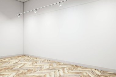 Tavan lambaları, boş beyaz duvar ve ahşap zemin zeminli minimalist galeri manzarası. Sanat galerisi ve sergi konsepti. Mockup, 3B Hazırlama