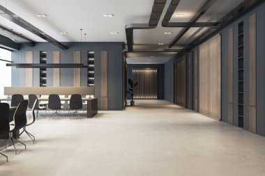 Mobilyaları, ahşap elementleri ve çevresel ışıklandırması olan, çalışma alanı tasarımı kavramına sahip modern bir ofis. 3B Hazırlama