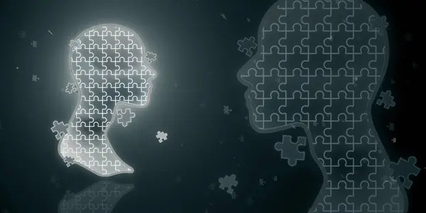 Creative Jigsaw Head Outline Blurry Black Background Creativity Solution Brainstorm stockbilde