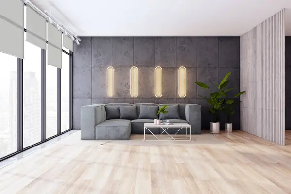 Sleek Living Room Soft Gray Sofa Wooden Flooring Elegant Wall royaltyfrie gratis stockbilder