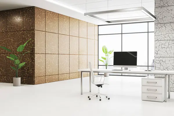 Elegante Diseño Oficina Con Amplios Acentos Ventanas Plantas Concepto Urbano Imagen de archivo