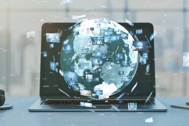 Close up of laptop with creative globe with telecommunication picture icons on blurry office workplace backdrop. Business, video conference, remote group work. Double exposure clipart