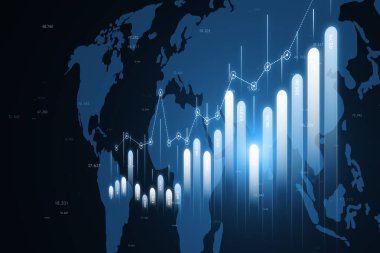 Mavi arka planda harita ve indeksi olan yaratıcı bir iş haritası. Finansal büyüme, küresel iş ve veri kavramı. 3B Hazırlama