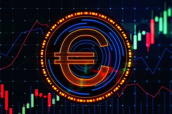 Creative digital round euro sign on dark background with forex chart. Online banking, cryptocurrency and finance concept. 3D Rendering