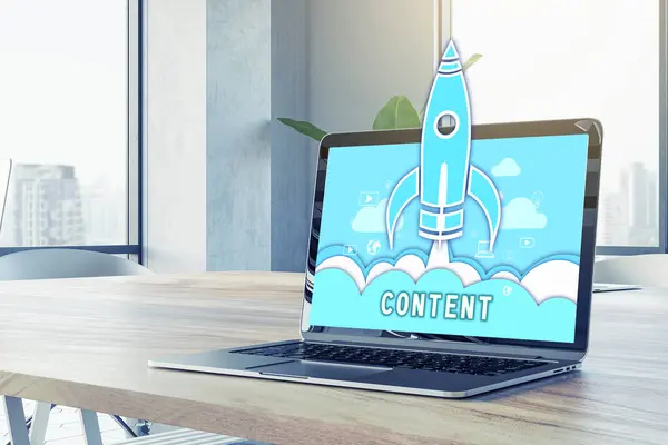 Close up of laptop with spaceship and content concept at office workplace. Content marketing concepts for web banner and printed materials. Blurry window with city view background. 3D Rendering