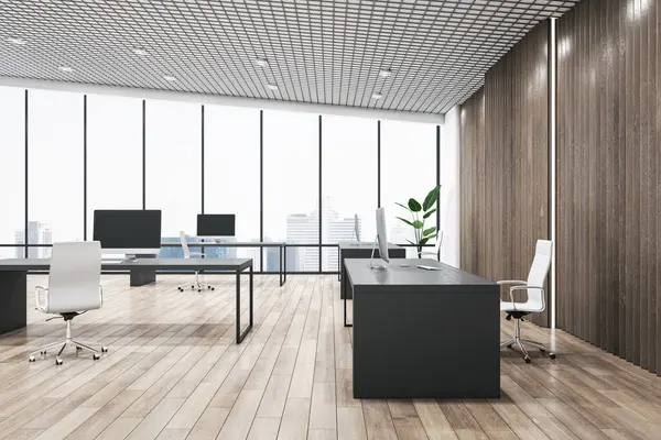 Zijaanzicht Moderne Coworking Office Interieur Met Uitzicht Stad Achtergrond Van Rechtenvrije Stockafbeeldingen