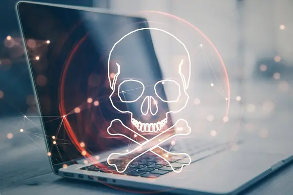 Hacker Angriff Und Online Piraterie Kreatives Konzept Mit Rotem Totenkopf Stockbild