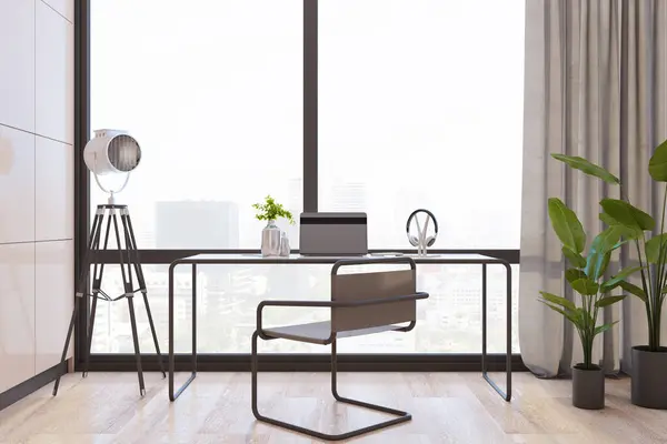 Moderno Design Home Office Interno Con Posto Lavoro Tende Finestra Fotografia Stock