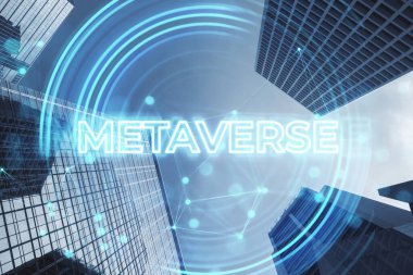 Glowing metaverse word hologram on modern buildings background, VR technology concept clipart