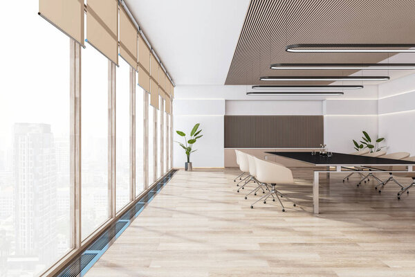 Side view of modern light meeting room interior with office desk and chairs, plant, panoramic window with city view, wooden floor and white walls. 3D Rendering