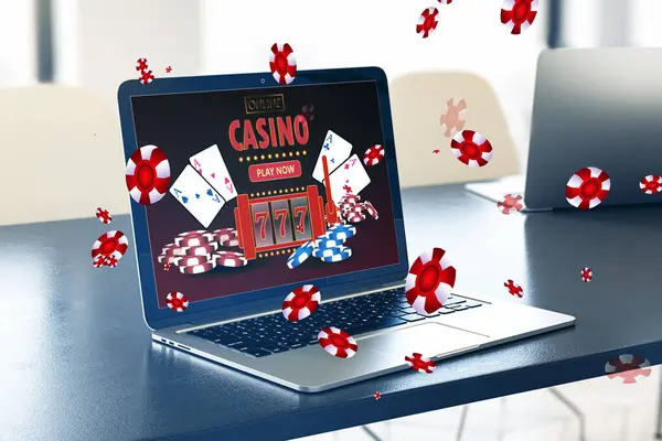 Online casino and gaming, gambling on device concept. Close up of laptop computer at desk with creative slot machine and other games. 3D Rendering