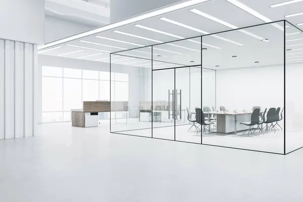 Perspectief Uitzicht Moderne Lege Kantoorhal Met Futuristische Design Vergaderzaal Omgeven Stockfoto