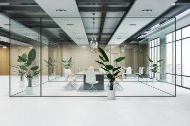 Modern cam toplantı odası iç ve ofis koridoru. İş yeri konsepti. 3B Hazırlama