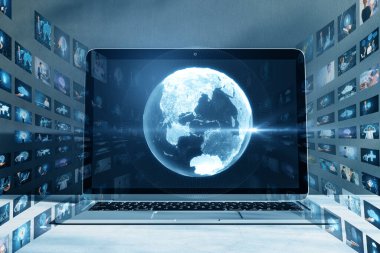 Close up of laptop monitor with creative glowing polygonal globe with rows of images on blurry background. Connecting businesspeople, video conference concept clipart