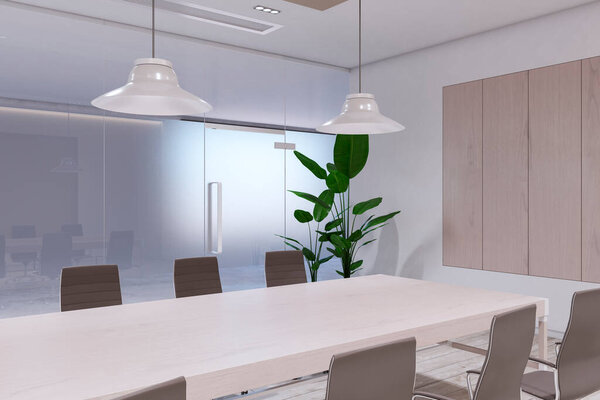 Perspective view of modern empty boardroom interior with office desk and chairs, matte glass wall and wooden floor. 3D Rendering