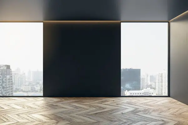 Schoon Galerie Interieur Met Panoramische Ramen Houten Vloeren Uitzicht Stad Stockafbeelding