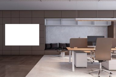 Modern ofis içi içi içi boş beyaz poster, mobilya ve ekipmanlarla dolu. 3B Hazırlama