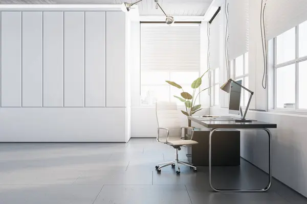 Saubere Weiße Büroeinrichtung Mit Fenster Jalousien Tageslicht Und Möbeln Rendering Stockbild