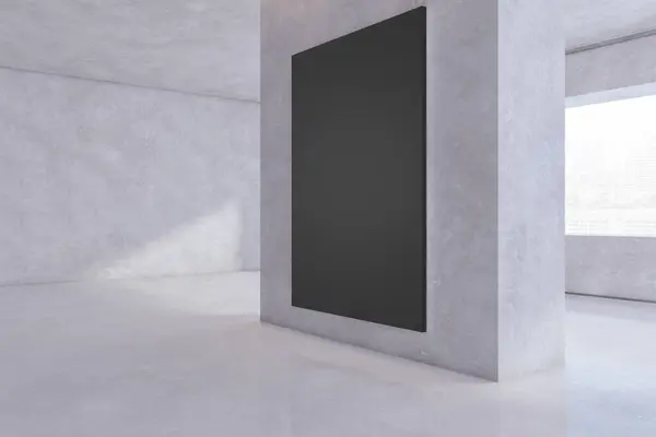Moderne Betonausstellungshalle Mit Leeren Schwarzen Attrappen Wand Und Fenster Mit Stockfoto