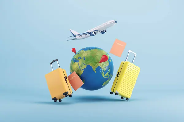 Die Welt Reisen Globus Gepäck Flugzeug Auf Blauem Hintergrund Rendering lizenzfreie Stockbilder