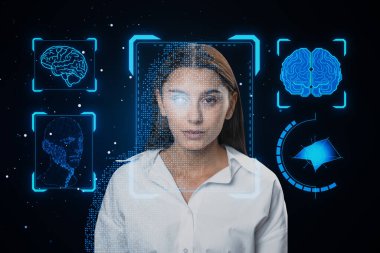 Portrait of attractive businesswoman with face recognition hologram on blurry blue background. Face ID and password concept clipart