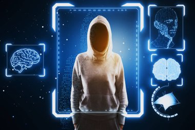 Hacker in hoodie with face recognition hologram on blurry blue background. Face ID and password concept clipart