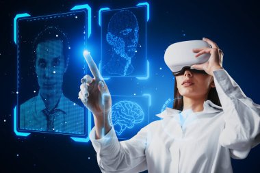 Portrait of attractive businesswoman with VR glasses and face recognition hologram on blurry blue background. Face ID and password concept clipart
