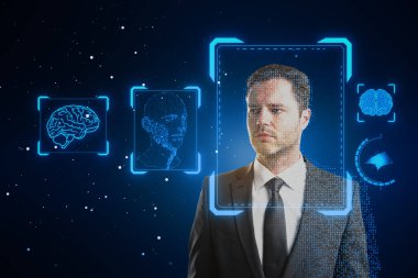 Portrait of attractive businessman with face recognition hologram on blurry blue background. Face ID and password concept clipart