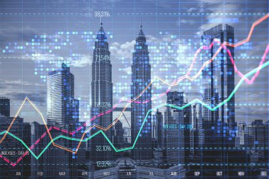 Bulanık şehir arka planında indeksi, haritası ve ızgarası olan soyut yaratıcı iş grafiği. Borsa ve finansal istatistik kavramı. Çift pozlama