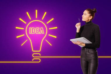 A woman holding a notepad appears to have a creative idea, indicated by a neon light bulb with the word IDEA on a purple background clipart