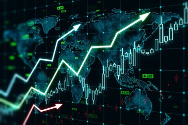 Yukarı doğru büyüyen oklar, harita ve duvar kağıdında ön x çizelgesi. Küresel trendler, ticaret ve finans kavramı. 3B Hazırlama